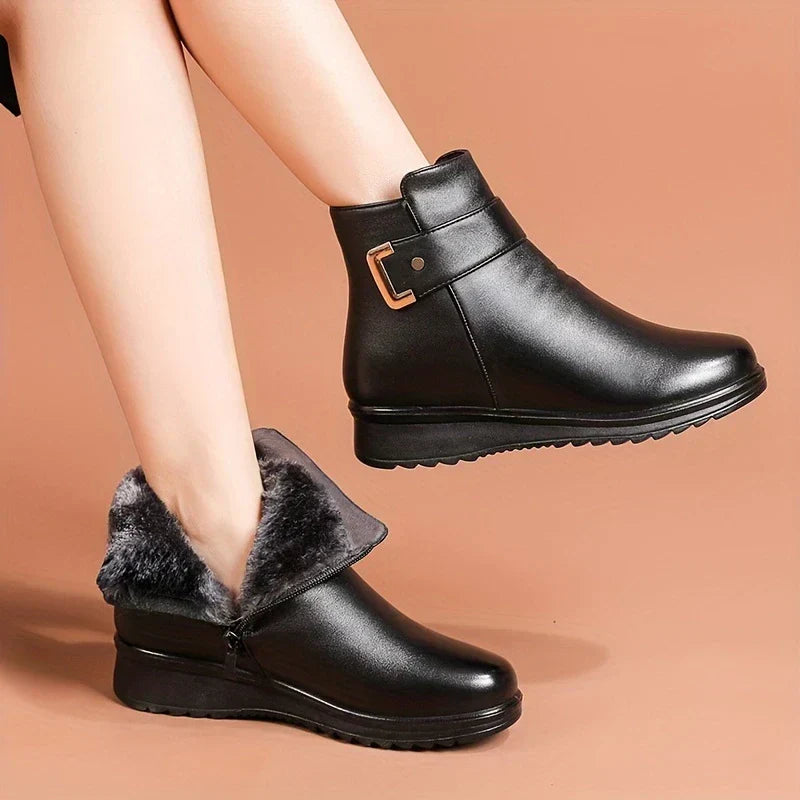Rosette- Bottines en Cuir avec fourrure chaudes pour femmes